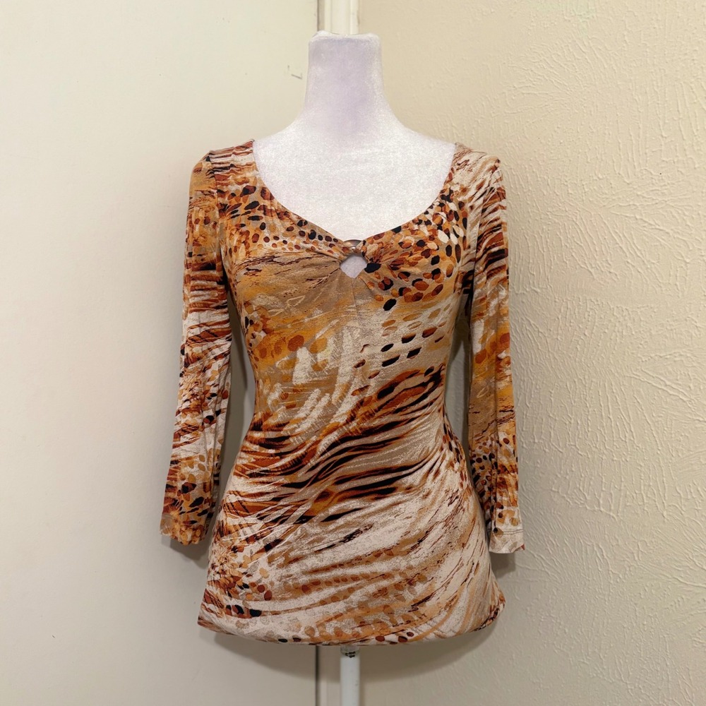Chicos Orange Top Sweetheart Keyhole Neckline Animal Print Abstract Boho Safari